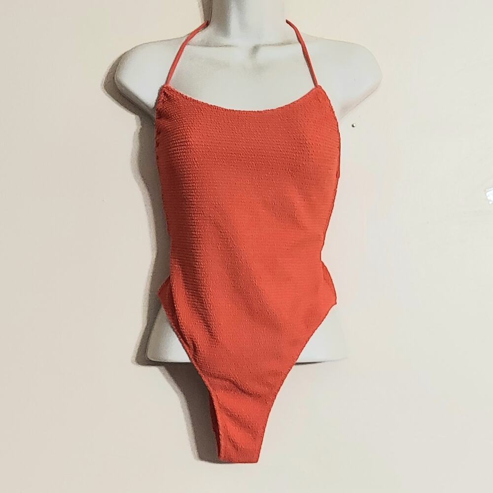 L.A. Hearts Halter Style Strappy Red Textured High Cut One-Piece Swimsuit